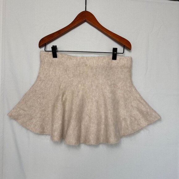 H&M Light Beige Wool Mohair Blend Elastic Waist Skater Flair Mini Skirt Size L - Picture 3 of 9